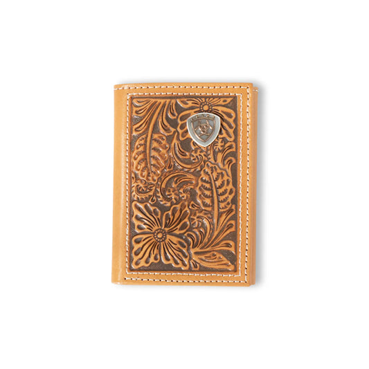Ariat Mens Trifold Style Wallet Floral Embossing Logo Natural