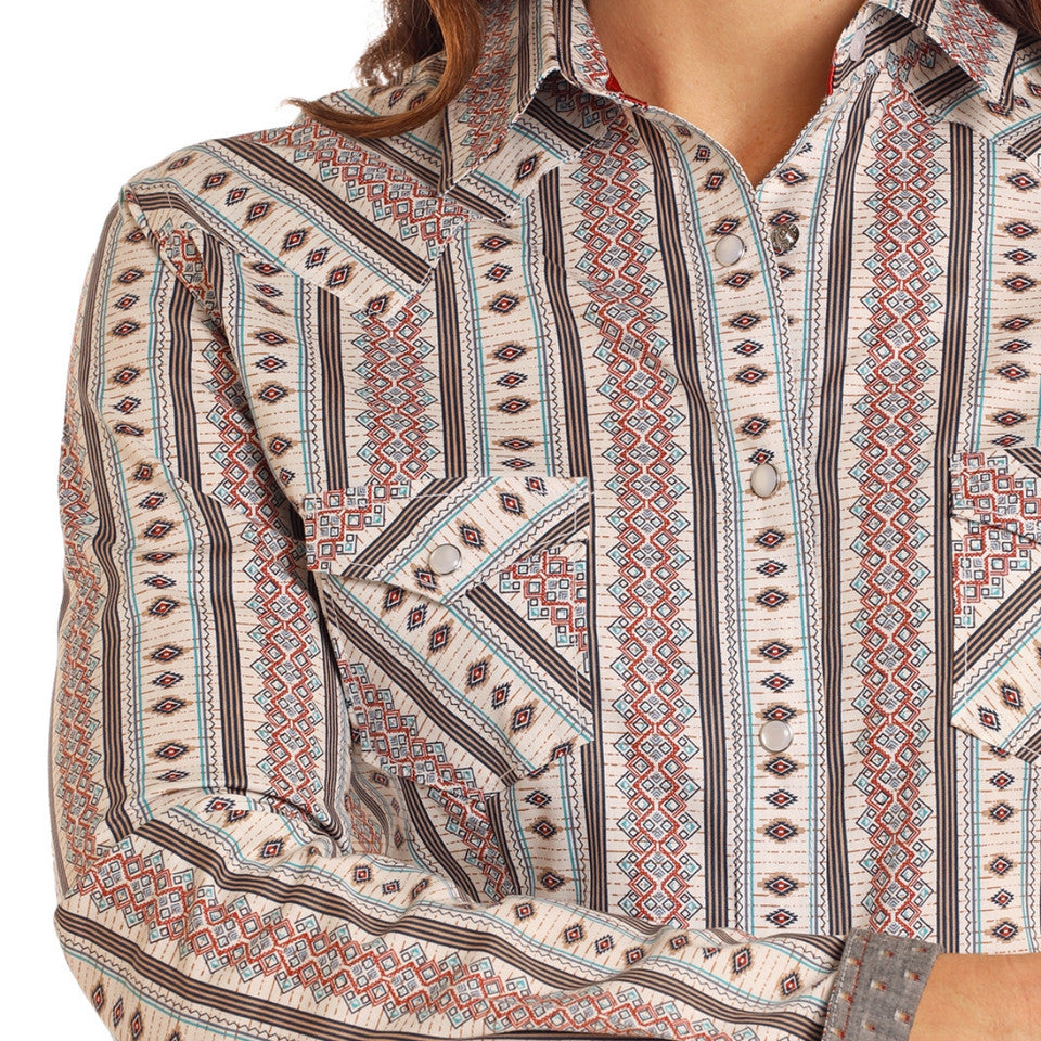 Pandhandle Ladies Southwestern Striped Long Sleeve Snap Stretch Western Shirt