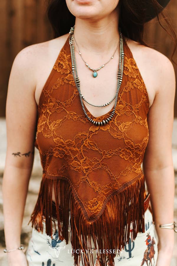 Lucky & Blessed: Camel Lace Fringe Hem Halter Top