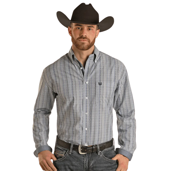 Panhandle Men's Light Navy Stripe Long Sleeve Button Down Western Shirt