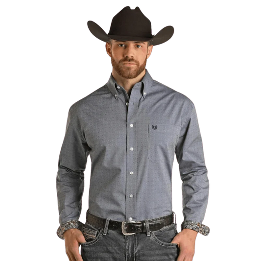 Pandhandle Men's Solid Dobby Light Navy Long Sleeve Button Dow