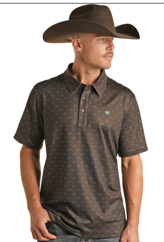 PANHANDLE SS GEO BUTTON POLO - DARK BROWN