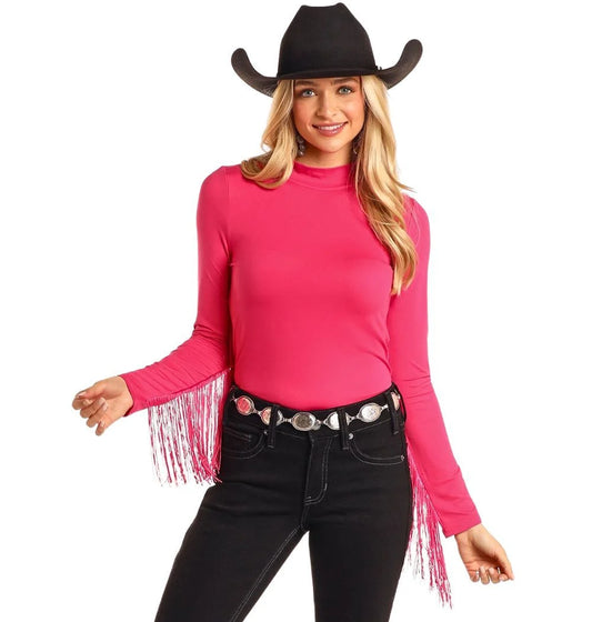Rock & Roll Denim Women's Hot Pink Mock Neck Top With Fringe