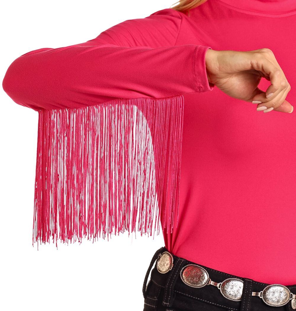 Rock & Roll Denim Women's Hot Pink Mock Neck Top With Fringe