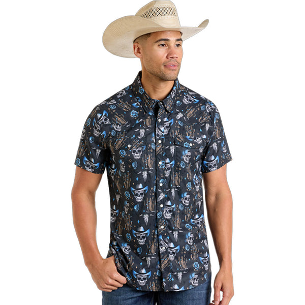 Rock&Roll Skull Print TEK Western Snap SS– Charcoal