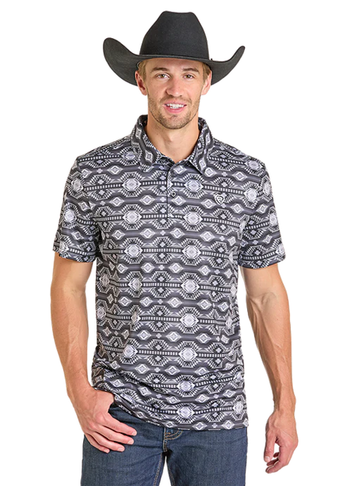 Rock & Roll Denim Aztec Print Polo - Black
