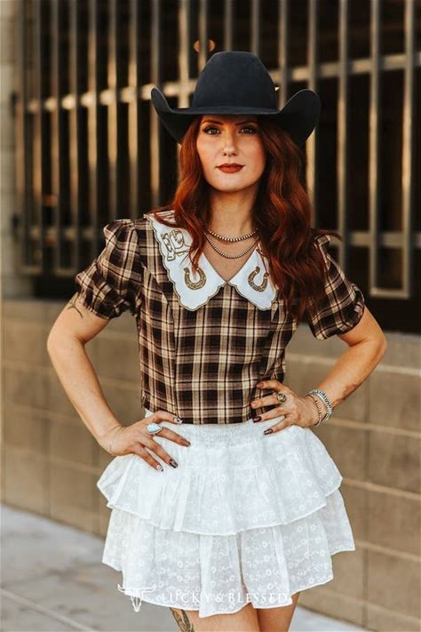Women's Lucky & Blessed Brown Plaid Puff Sleeve Blouse With Embroidered Collared