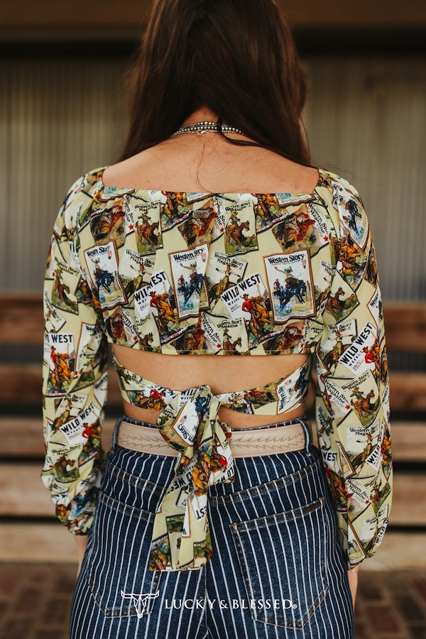 Lucky & Blessed: Collage Printed Low Cut Long Sleeve Gathered Wrap Off Shoulder Crop Top