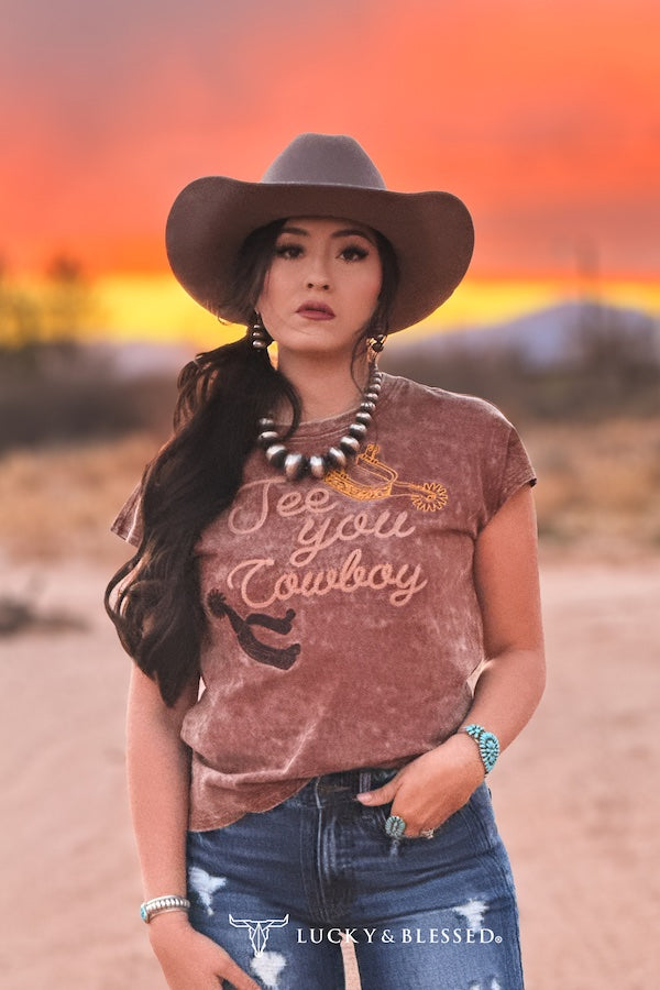 Women's Lucky & Blessed See You Cowboy Wash Patch Embroidered Shirt