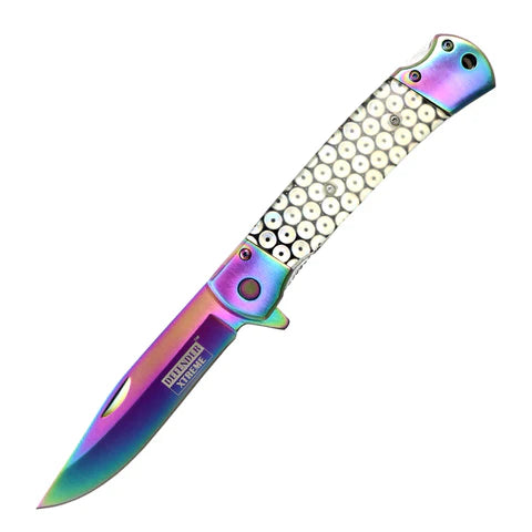 **FINAL SALE** Defender-Xtreme 9" Rainbow Blade Glitter Handle Steel Bolster Spring Assisted Folding Knife